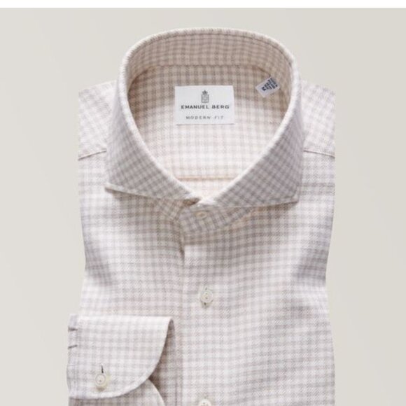 Emanuel Berg Gingham Brushed flannel sport shirt - Beige/White - Large / 16 - Picture 1 of 5